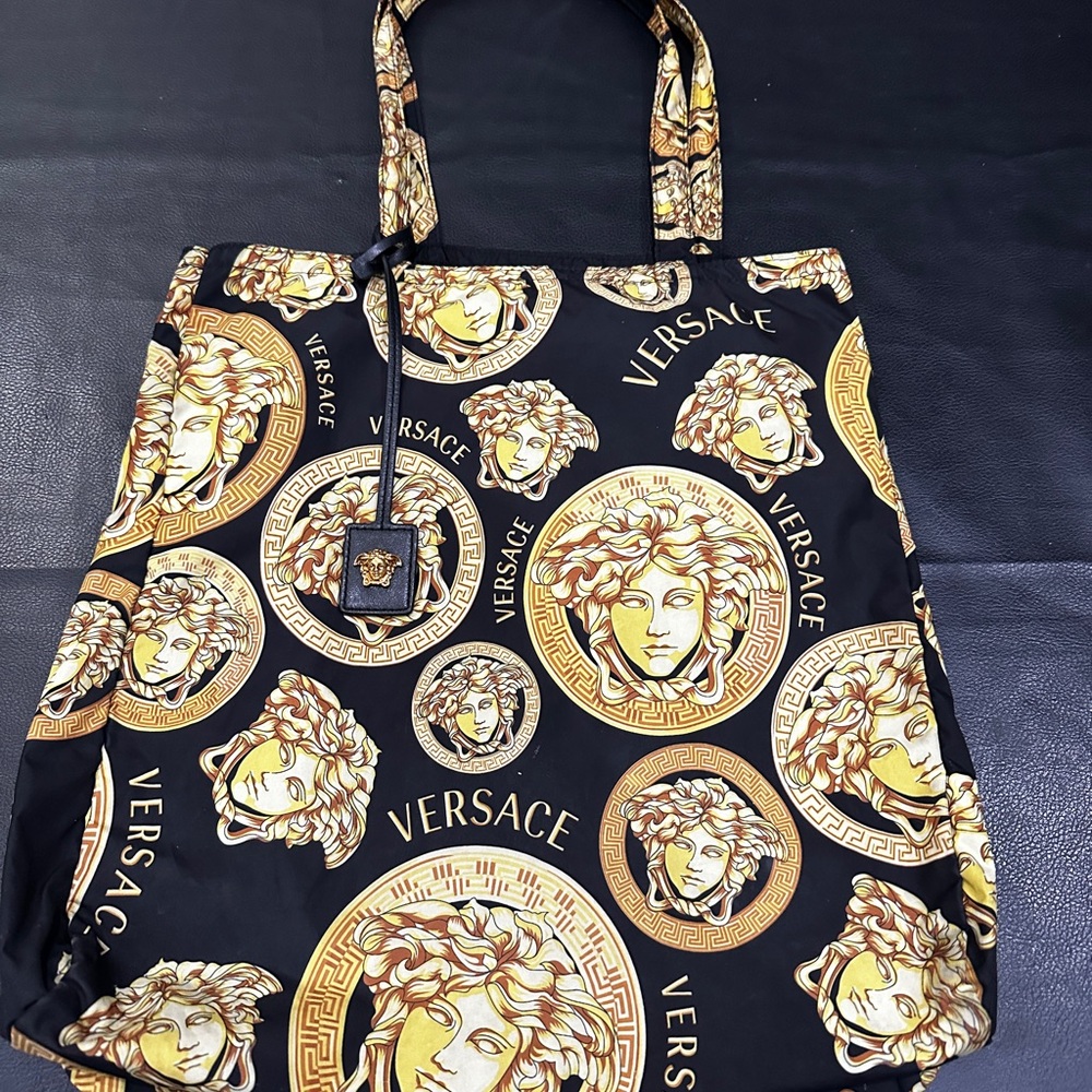 Versace Black and Gold Amplified Medusa Nylon Tote